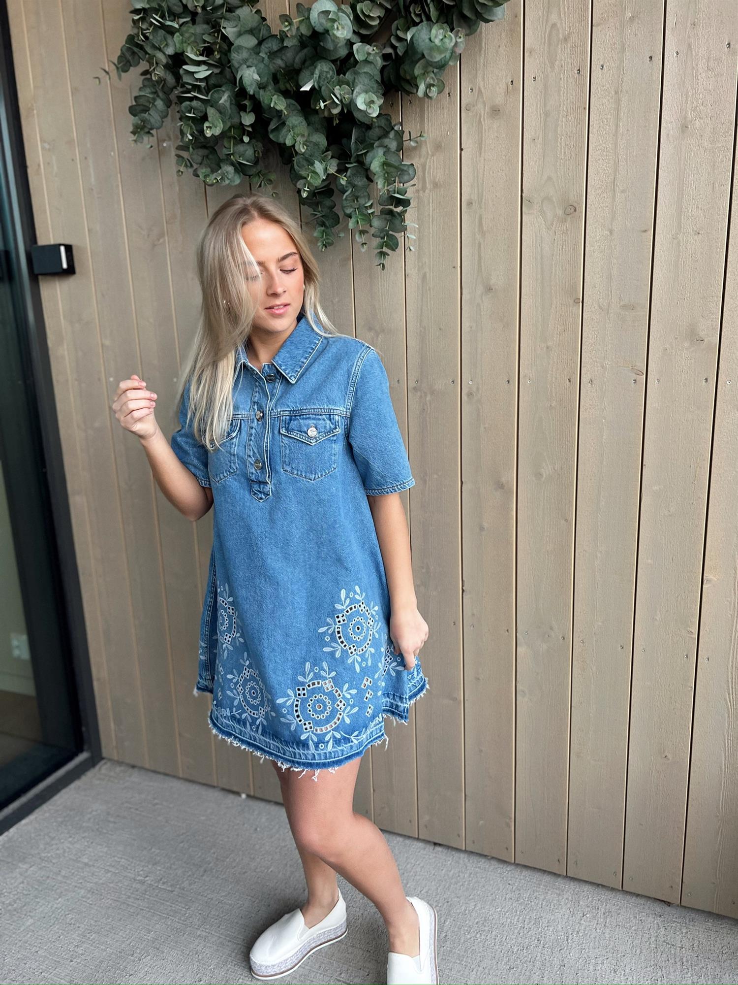 ganni broderie anglaise denim mini dress Ganni Broderie Anglaise Denim Mini Dress in Blue